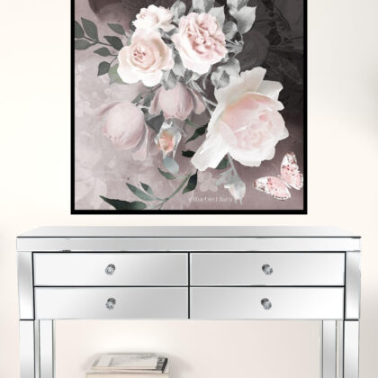 Set of Two Pink Roses and Butterfly Black Framed Print Wall Art