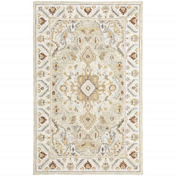 5' X 8' Ivory Beige Gold And Muted Grey Oriental Tufted Handmade Stain Resistant Area Rug