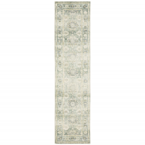 2' X 8' Green And Ivory Oriental Power Loom Stain Resistant Runner Rug