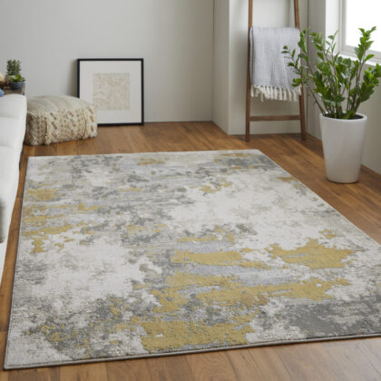 12' X 15' Ivory Gold And Gray Abstract Stain Resistant Area Rug