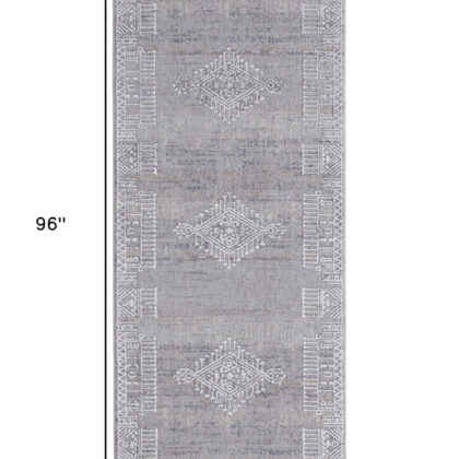 8' Gray Ivory And Orange Geometric Power Loom Distressed Stain Resistant Runner Rug