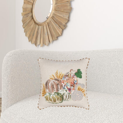 20" Beige and Green Thanksgiving Cotton Pillow With Applique, Embroidery Edges