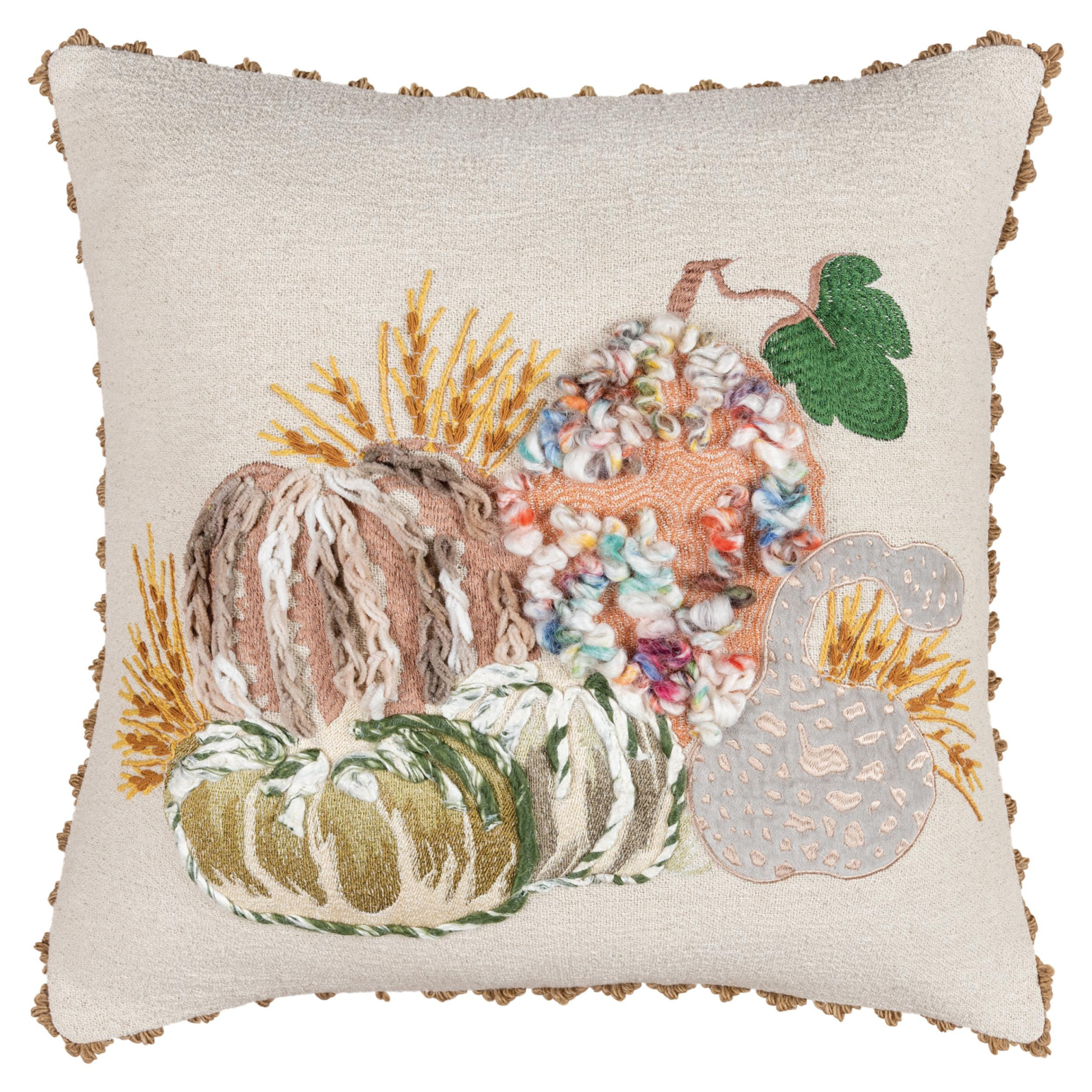 20" Beige and Green Thanksgiving Cotton Pillow With Applique, Embroidery Edges - Image 3