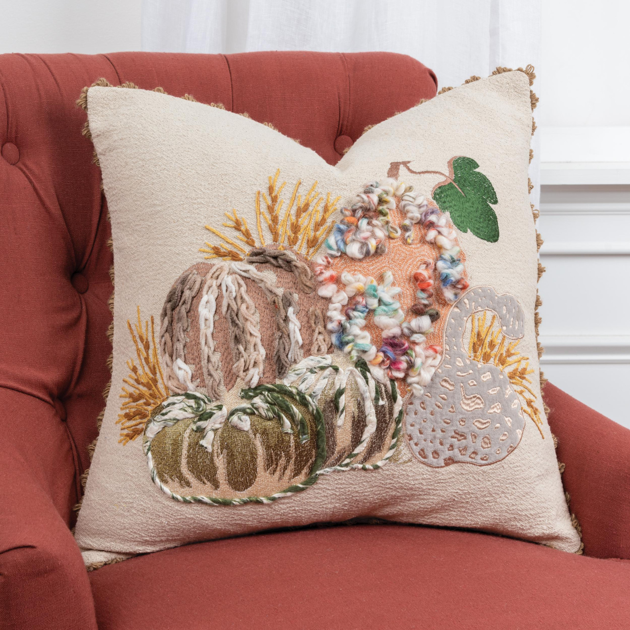 20" Beige and Green Thanksgiving Cotton Pillow With Applique, Embroidery Edges - Image 4