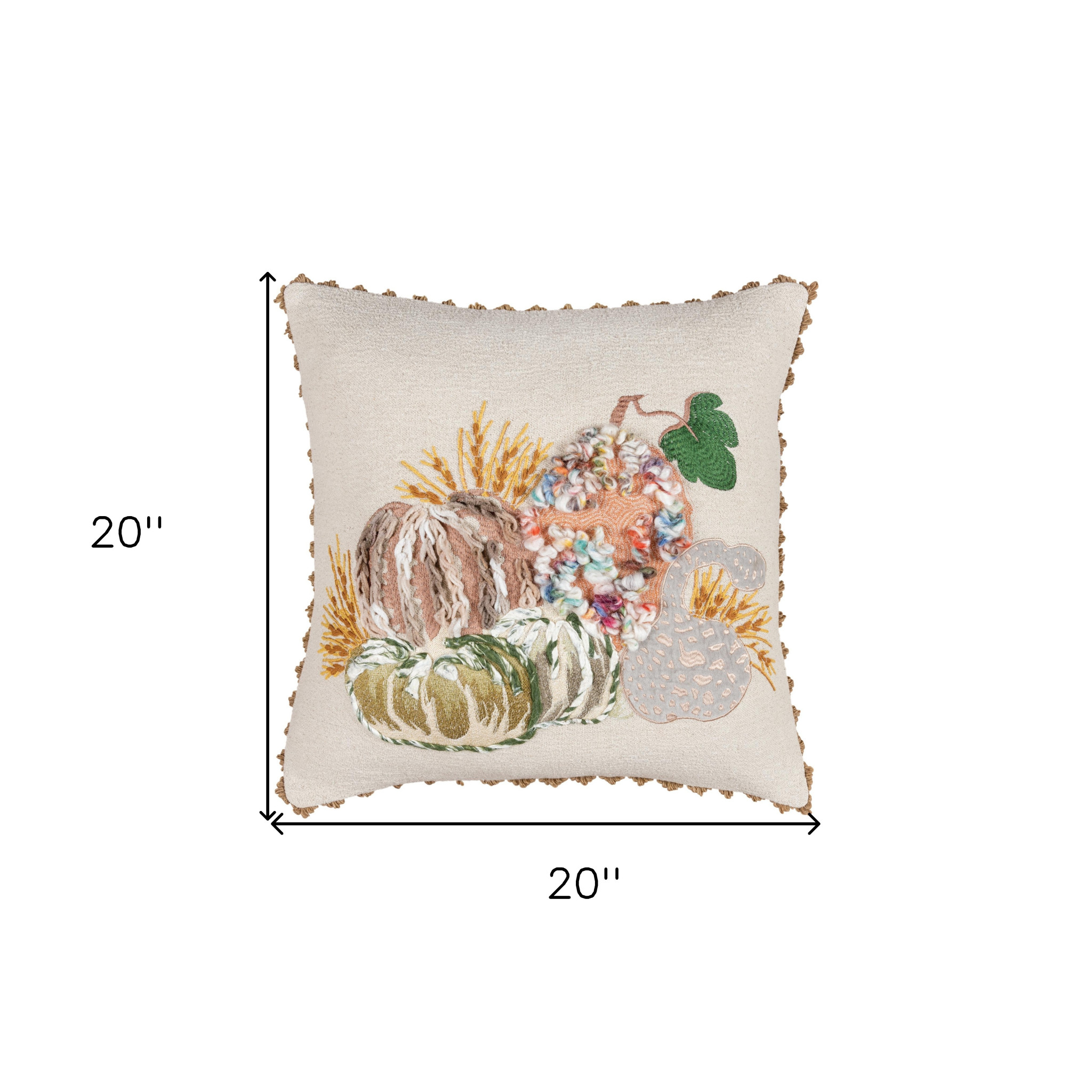 20" Beige and Green Thanksgiving Cotton Pillow With Applique, Embroidery Edges - Image 6