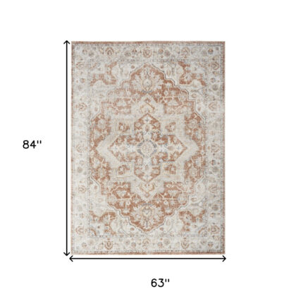 5' X 7' Gold Oriental Power Loom Washable Area Rug