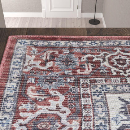 10' Red and Ivory Floral Power Loom Distressed Washable Runner Rug
