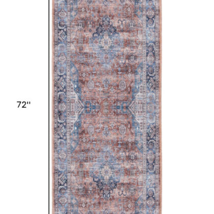 6' Blue and Red Oriental Power Loom Distressed Washable Non Skid Runner Rug