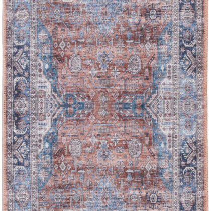 6' Blue and Red Oriental Power Loom Distressed Washable Non Skid Runner Rug