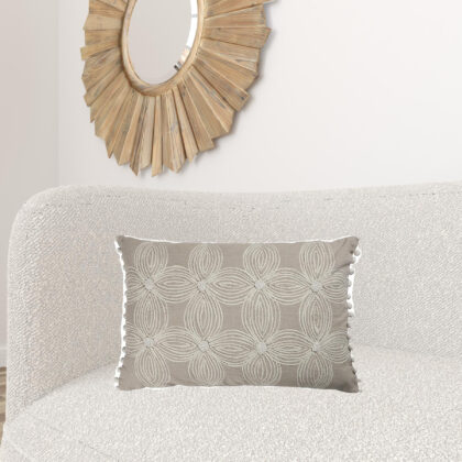16" X 24" Beige and Ivory Floral Cotton Zippered Pillow With Embroidery, Pom Poms