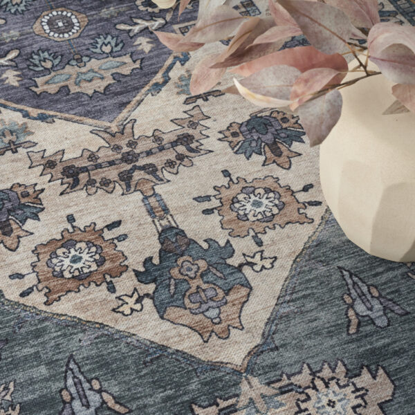 5' x 7' Blue and Green Oriental Power Loom Distressed Washable Non Skid Area Rug