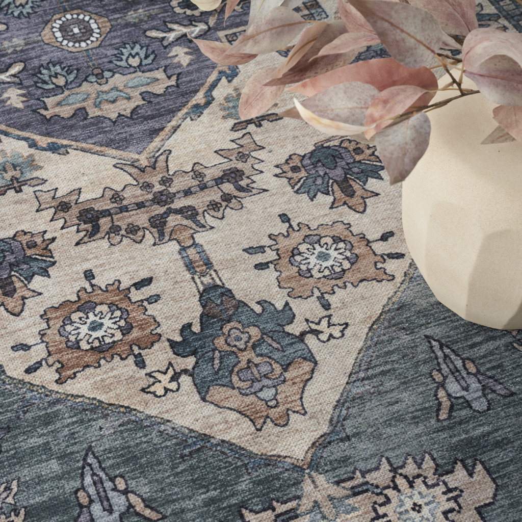 5' x 7' Blue and Green Oriental Power Loom Distressed Washable Non Skid Area Rug