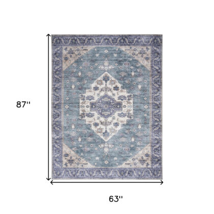 5' x 7' Blue and Green Oriental Power Loom Distressed Washable Non Skid Area Rug