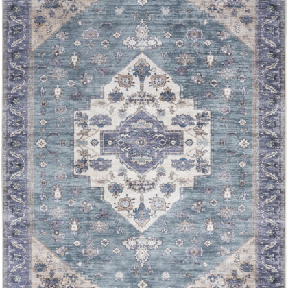 5' x 7' Blue and Green Oriental Power Loom Distressed Washable Non Skid Area Rug