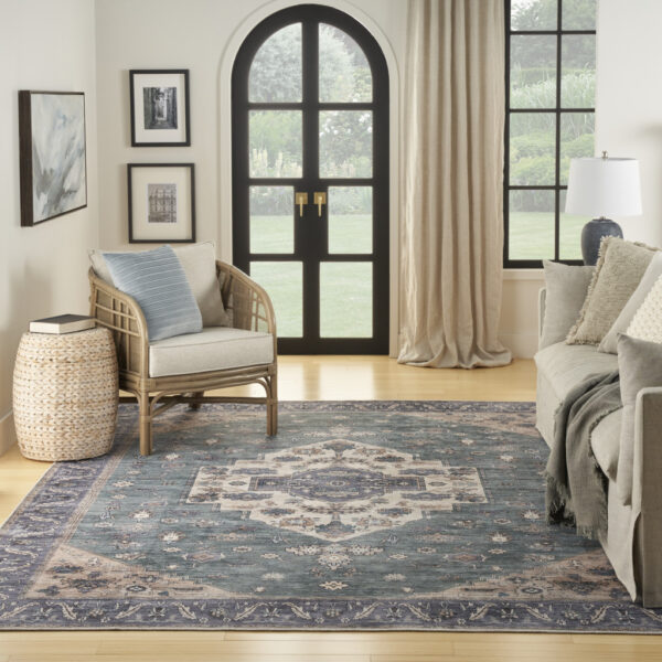 5' x 7' Blue and Green Oriental Power Loom Distressed Washable Non Skid Area Rug