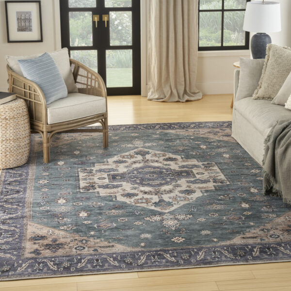 5' x 7' Blue and Green Oriental Power Loom Distressed Washable Non Skid Area Rug