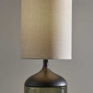 16" Black And Dark Green Wood And Smoked Glass Table Lamp With Beige Drum Shade