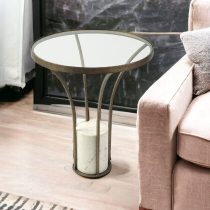 21" Round Glass Top End Table With Metal And Marble Pedestal