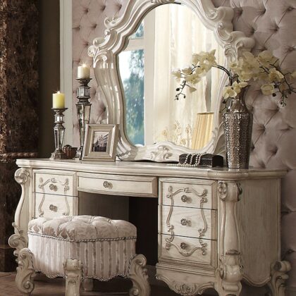 22" Ivory And Bone Fabric Floral Tufted Vanity Chair