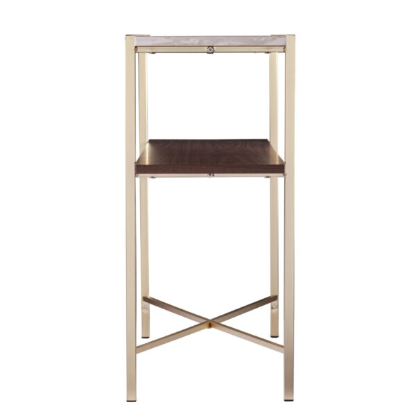 47" White Brass and Brown Faux Marble Console Table With Shelf
