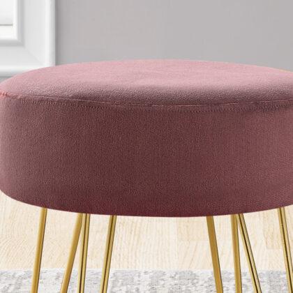14" Plum Velvet And Gold Round Ottoman