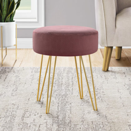 14" Plum Velvet And Gold Round Ottoman