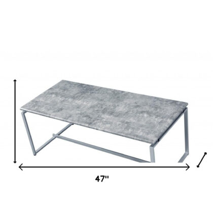 47" Silver And Faux Concrete Pvc Veneer Rectangular Coffee Table