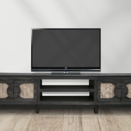 93" Black Solid Wood Cabinet Enclosed Storage Distressed TV Stand