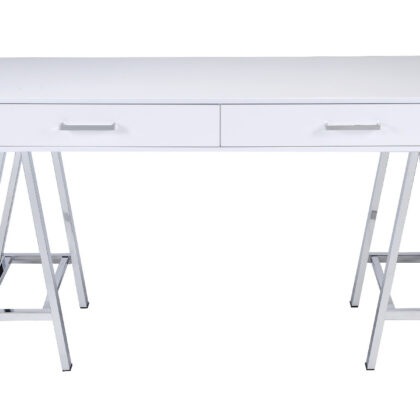54" White and Silver Writing Desk With Two Drawers