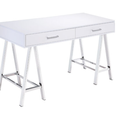 54" White and Silver Writing Desk With Two Drawers