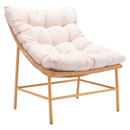 29" Beige and Natural Metal Indoor Outdoor Accent Chair with Beige Cushion