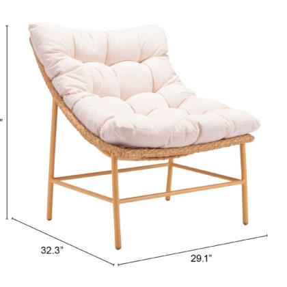 29" Beige and Natural Metal Indoor Outdoor Accent Chair with Beige Cushion