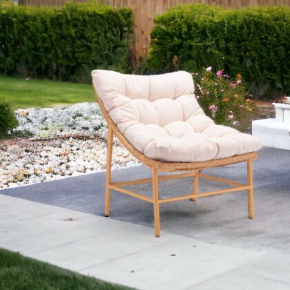 29" Beige and Natural Metal Indoor Outdoor Accent Chair with Beige Cushion