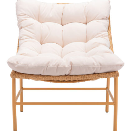 29" Beige and Natural Metal Indoor Outdoor Accent Chair with Beige Cushion