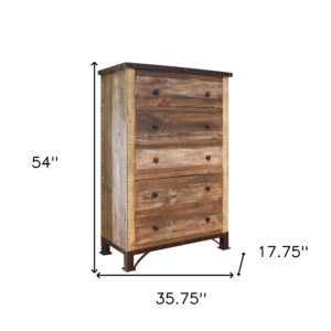 36" Brown Solid Wood Five Drawer Chest