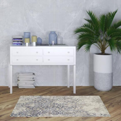 3' X 5' Blue and Ivory Oriental Distressed Area Rug