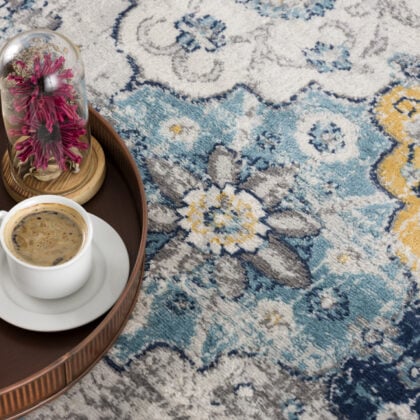 8' Blue and Gray Round Floral Washable Non Skid Area Rug