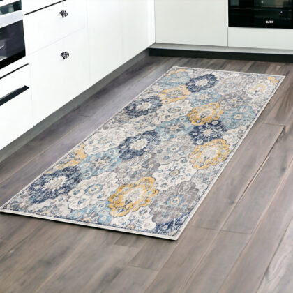 8' Blue and Gray Round Floral Washable Non Skid Area Rug