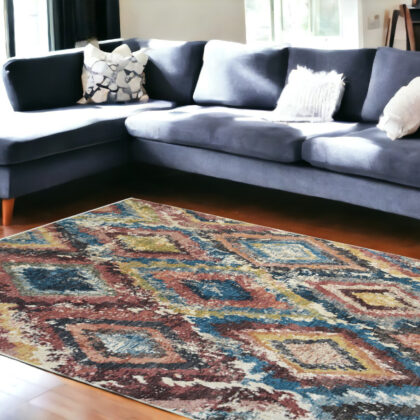 9' X 13' Blue Geometric Distressed Area Rug With Fringe