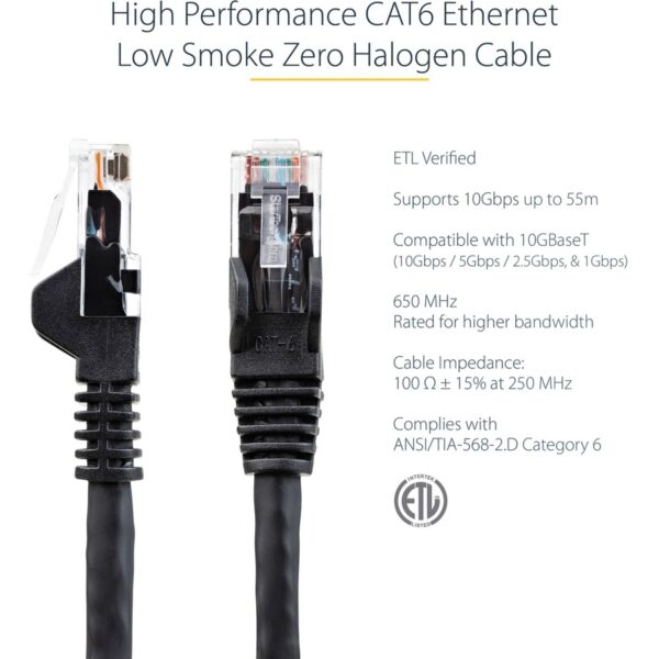 StarTech.com 6ft (1.8m) CAT6 Ethernet Cable, LSZH (Low Smoke Zero Halogen) 10 GbE Snagless 100W PoE UTP RJ45 Black Network Patch Cord, ETL