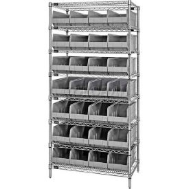 Quantum WR8-483 Chrome Wire Shelving with 28 SSB483 Stackable Shelf Bins Gray 36x21x74