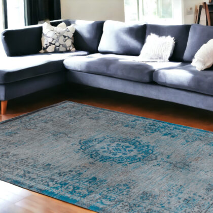 9' X 13' Gray and Green Medallion Non Skid Area Rug