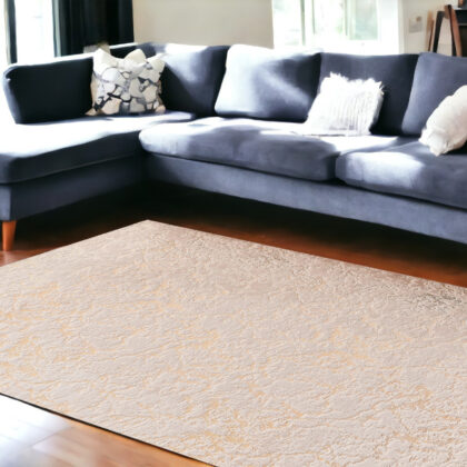 8' x 11' Beige and Gold Faux Fur Abstract Shag Non Skid Area Rug