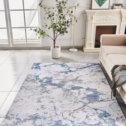 2' x 3' Blue and Silver Abstract Shag Printed Washable Non Skid Area Rug