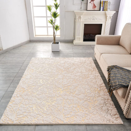 3' X 5' Beige and Gold Faux Fur Abstract Shag Non Skid Area Rug