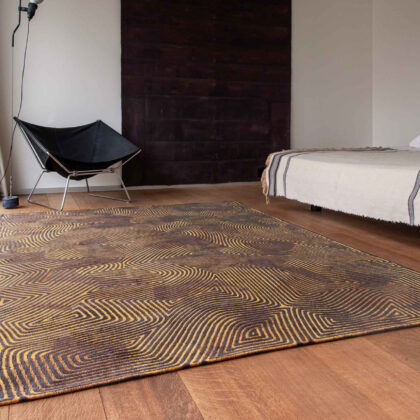 5' Black and Gold Round Abstract Non Skid Area Rug