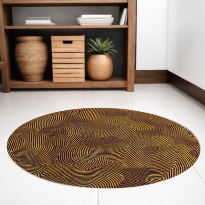 5' Black and Gold Round Abstract Non Skid Area Rug