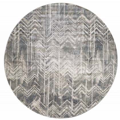 8' Grey Machine Woven Distressed Chevron Round Indoor Area Rug