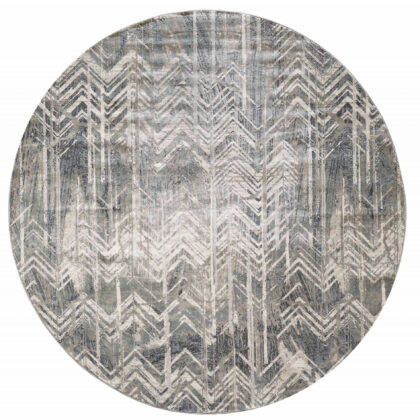 8' Grey Machine Woven Distressed Chevron Round Indoor Area Rug