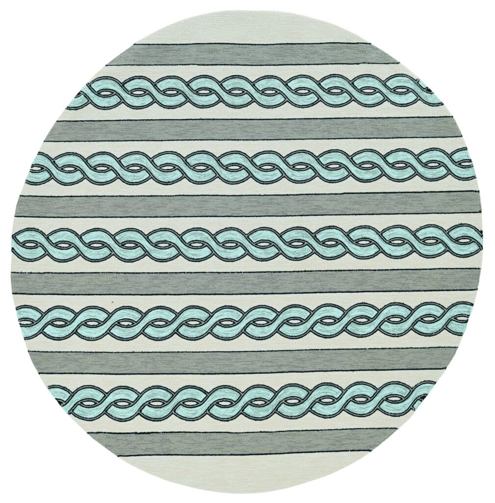 7' Round Ivory and Blue Round Abstract Indoor Outdoor Area Rug